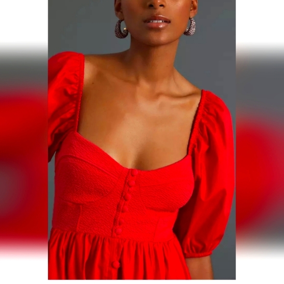Anthropologie Maeve Sweetheart Dress Red Puffed Slv Smocked Button Close SM FLAW - Picture 4 of 16